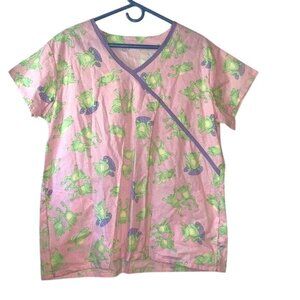 Pink Frog Print V-Neck Scrub Top With Side Trim XL